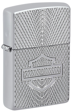 Front view of ˫ Ჹ-ٲǲ® Armor High Polish Chrome Windproof Lighter standing at a 3/4 angle.